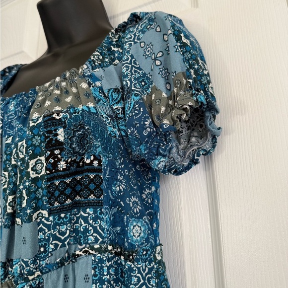 Rewind Paisley Babydoll Mini Dress Size M Teal Navy Cowgirl Western Boho Easter - Picture 3 of 8